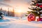 Silver red Christmas tree decoration or Christmas ball decor sit on the white snow on beautiful soft dreamy winter atmosphere and