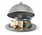 Silver Restaurant cloche with banknotes and coins