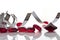 Silver ribbon and red christmas glass decorations