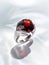 Silver ring with red garnet gemstone.