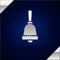 Silver Ringing bell icon isolated on dark blue background. Alarm symbol, service bell, handbell sign, notification