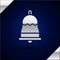 Silver Ringing bell icon isolated on dark blue background. Alarm symbol, service bell, handbell sign, notification