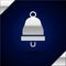 Silver Ringing bell icon isolated on dark blue background. Alarm symbol, service bell, handbell sign, notification