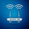 Silver Router and wi-fi signal icon isolated on blue background. Wireless ethernet modem router. Computer technology