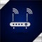 Silver Router and wi-fi signal symbol icon isolated on dark blue background. Wireless ethernet modem router. Computer