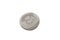 A silver Russian coin shot against a white background