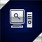 Silver Search on computer screen icon isolated on dark blue background. Screen and magnifying glass. Vector Illustration