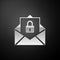 Silver Secure mail icon isolated on black background. Mailing envelope locked with padlock. Long shadow style. Vector