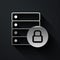 Silver Server security with closed padlock icon isolated on black background. Database and lock. Security, safety