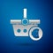 Silver Shopping basket and euro symbol icon isolated on blue background. Online buying concept. Delivery service