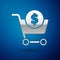 Silver Shopping cart and dollar symbol icon isolated on blue background. Online buying concept. Delivery service