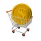 Silver shopping cart with golden coin. The concept of a sale with a dollar sign and trolley isolated. 3d rendering