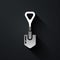 Silver Shovel icon isolated on black background. Gardening tool. Tool for horticulture, agriculture, farming. Long