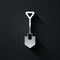 Silver Shovel icon isolated on black background. Gardening tool. Tool for horticulture, agriculture, farming. Long