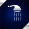 Silver Shower head with water drops flowing icon isolated on dark blue background. Vector