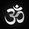 Silver sign Om. Symbol of Buddhism and Hinduism religions icon on black background