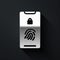Silver Smartphone with fingerprint scanner icon isolated on black background. Concept of security, personal access via