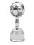 Silver soccer ball trophy on pedestal