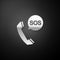 Silver SOS call icon isolated on black background. 911, emergency, help, warning, alarm. Long shadow style. Vector