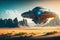 Silver spaceship in a desert landscape, ai generative