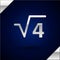 Silver Square root of 4 glyph icon isolated on dark blue background. Mathematical expression. Vector