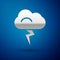 Silver Storm icon isolated on blue background. Cloud and lightning sign. Weather icon of storm. Vector Illustration