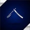 Silver Straight razor icon isolated on dark blue background. Barbershop symbol. Vector Illustration