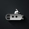 Silver Submarine icon isolated on black background. Military ship. Long shadow style. Vector