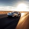 silver supercar accelerating down the landing strip under the radiant afternoon sun, Generative AI