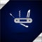 Silver Swiss army knife icon isolated on dark blue background. Multi-tool, multipurpose penknife. Multifunctional tool