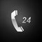 Silver Telephone 24 hours support icon isolated on black background. All-day customer support call-center. Long shadow