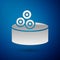 Silver Tin can with caviar icon isolated on blue background. Vector.