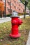 Silver-topped traditional red American style fire hydrant outside a modern housing block