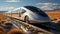 A silver train on a train track in desert