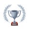 Silver trophy cup with laurel wreath. Winner award on white background. Silver goblet.