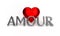 Silver valentine word love, amour in French on red hearts