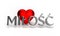 Silver valentine word love, miÅ‚oÅ›Ä‡ in Polish on red hearts