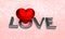 Silver valentine word love you with red hearts on glitter background