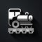 Silver Vintage locomotive icon isolated on black background. Steam locomotive. Long shadow style. Vector
