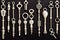 Silver vintage wrenches with round heads in form of rings on dark background.