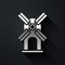 Silver Wind turbine icon isolated on black background. Wind generator sign. Windmill for electric power production. Long