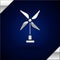 Silver Wind turbine icon isolated on dark blue background. Wind generator sign. Windmill for electric power production