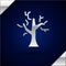 Silver Withered tree icon isolated on dark blue background. Bare tree. Dead tree silhouette. Vector