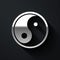 Silver Yin Yang symbol of harmony and balance icon isolated on black background. Long shadow style. Vector