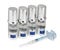 Silvery ampoules, small bottles, medical or cosmetic appointment and syringe