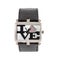 Silvery rectangular watch with diamonds and a heart inscription love on the dial and with a black leather strap