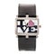 Silvery rectangular watch with diamonds and a heart inscription love on the dial and with a black leather strap