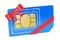Sim Card with bow and ribbon closeup, gift concept. 3D rendering