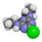 Simazine herbicide molecule. 3D rendering. Atoms are represented as spheres with conventional color coding: hydrogen (white),