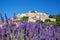 Simiane la Rotonde village with lavender field in Provence, France